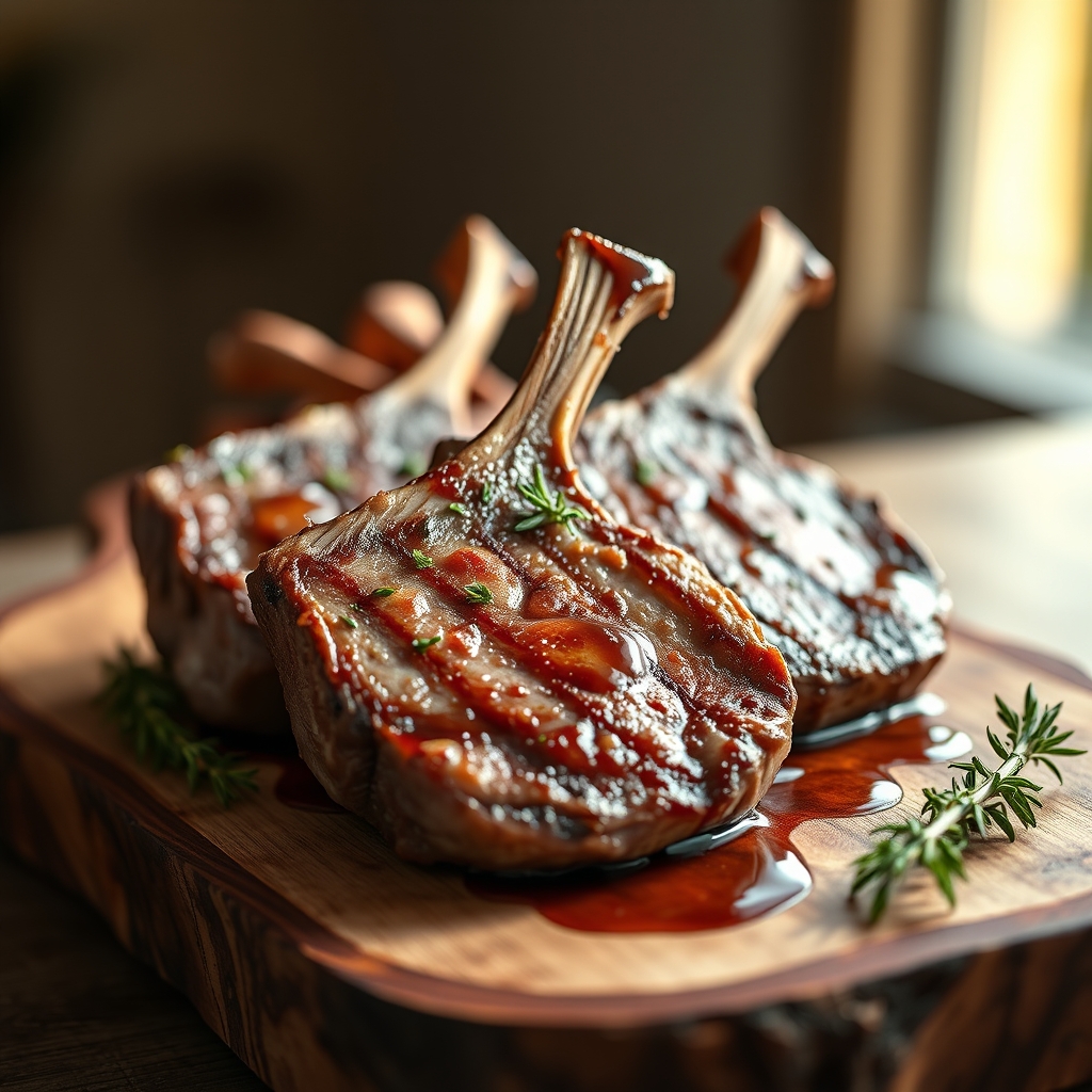 Cooked lamb loin chops resting on a plate