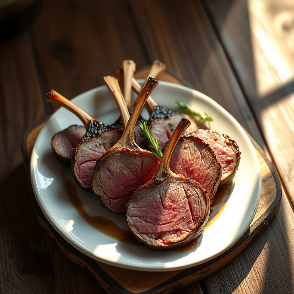 Juicy lamb loin steak on a cutting board with herbs