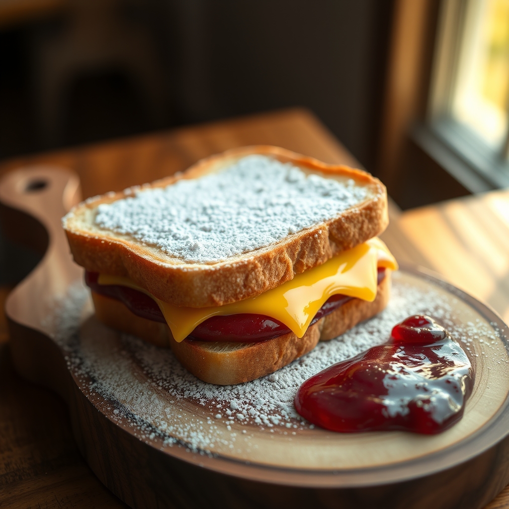 Close-up of a Monte Cristo sandwich being fried to a golden crisp