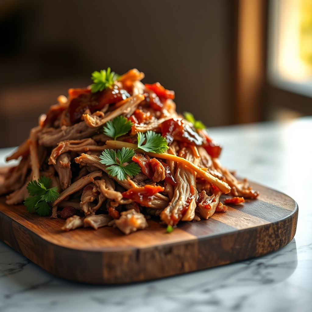 Shredded pulled pork being mixed with barbecue sauce