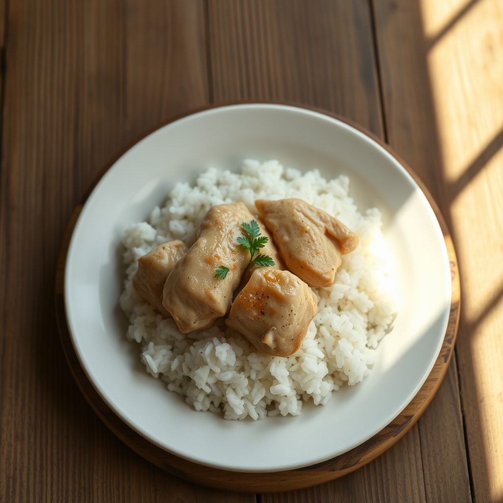 Close-up of cooked rice and chicken with peas