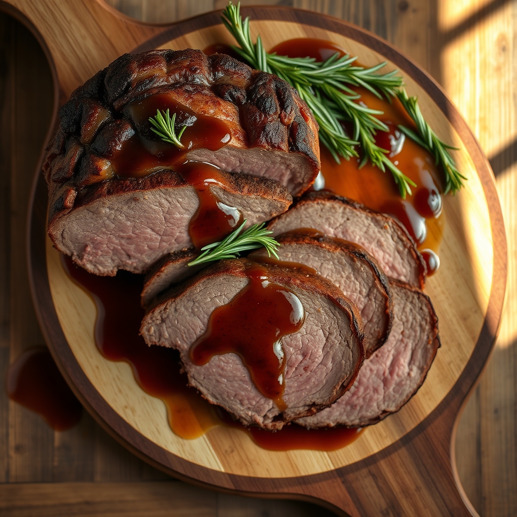 Juicy top round roast in a pan