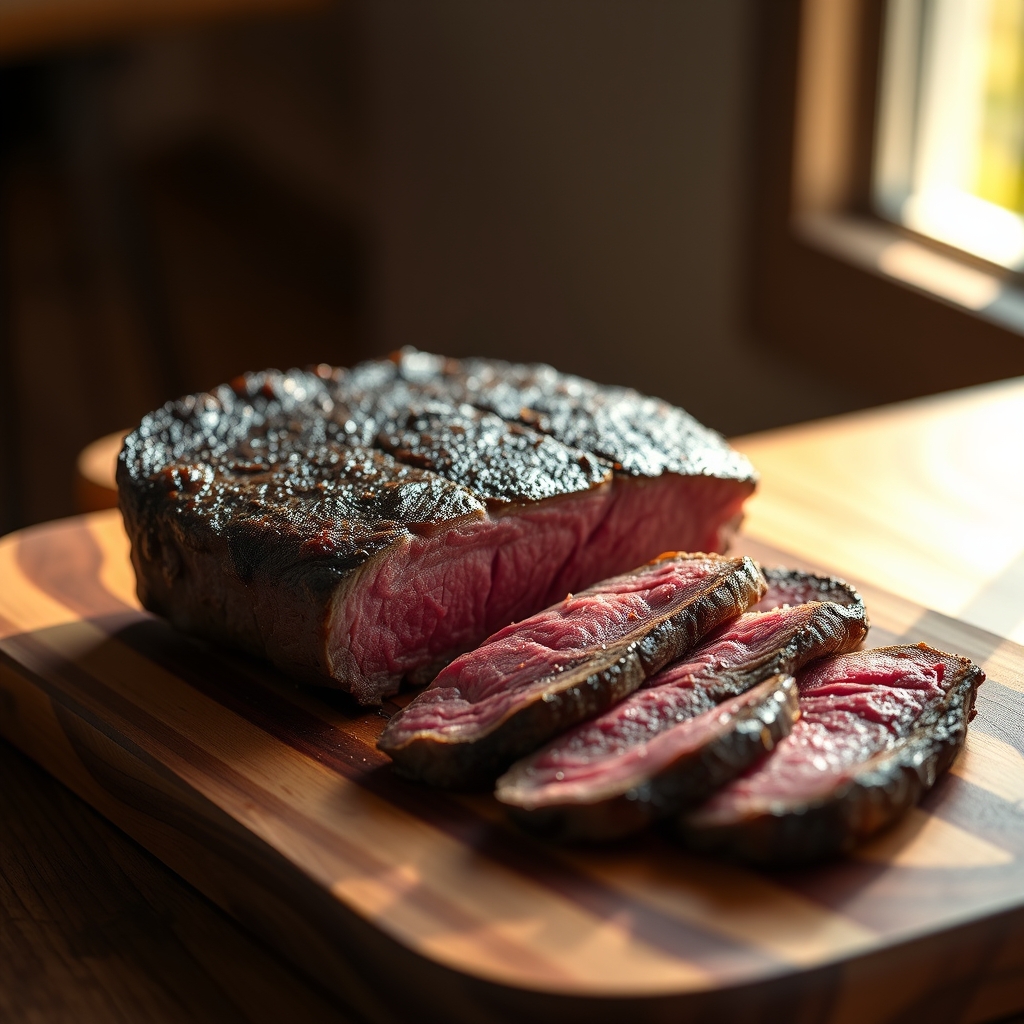 Juicy top sirloin steak resting before slicing