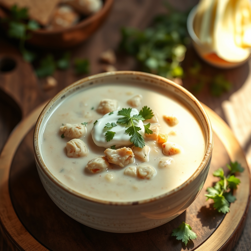 Bowl of creamy white chicken chili with toppings