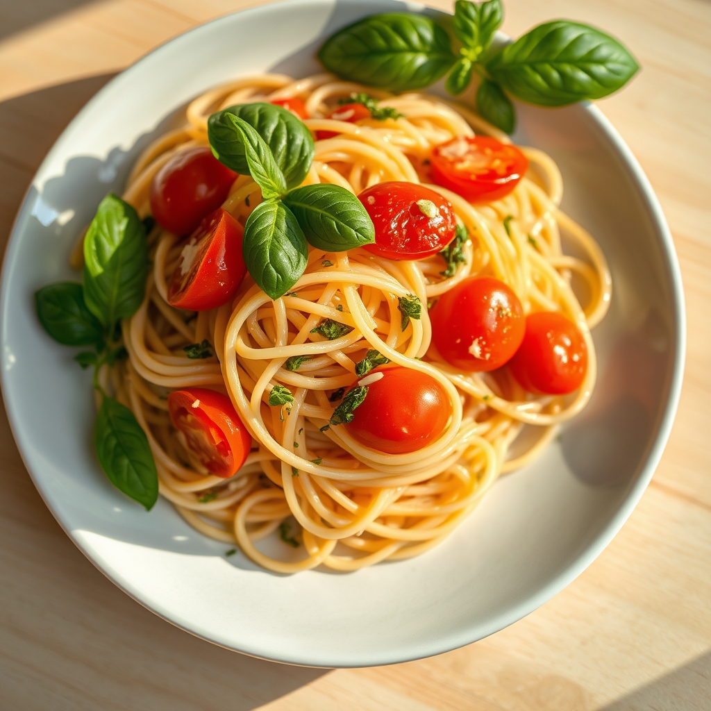 A beautiful plate of angel hair pasta with a light sauce