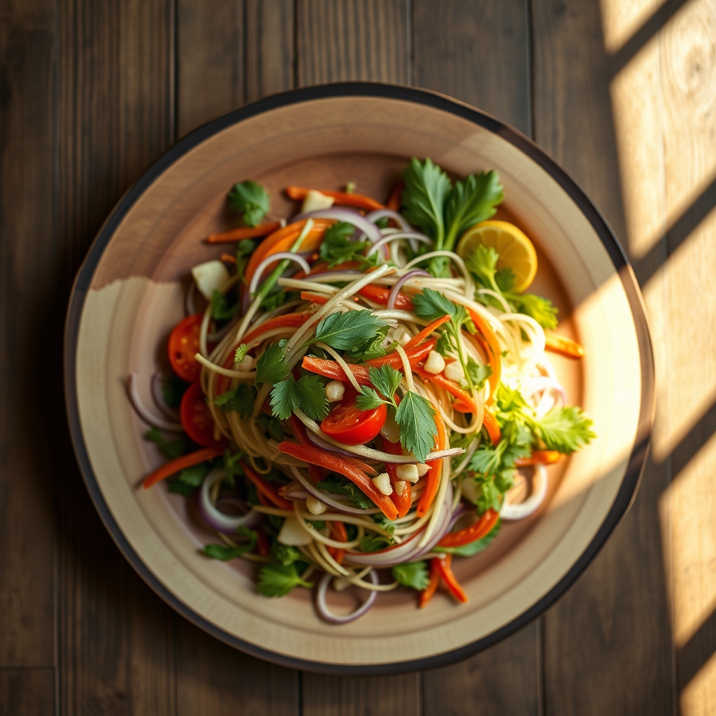 Homemade honey ginger dressing being drizzled over an Asian salad