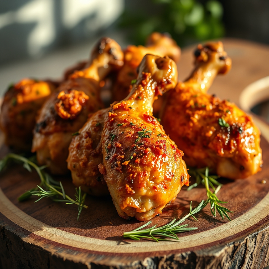 Juicy baked chicken legs on a baking sheet