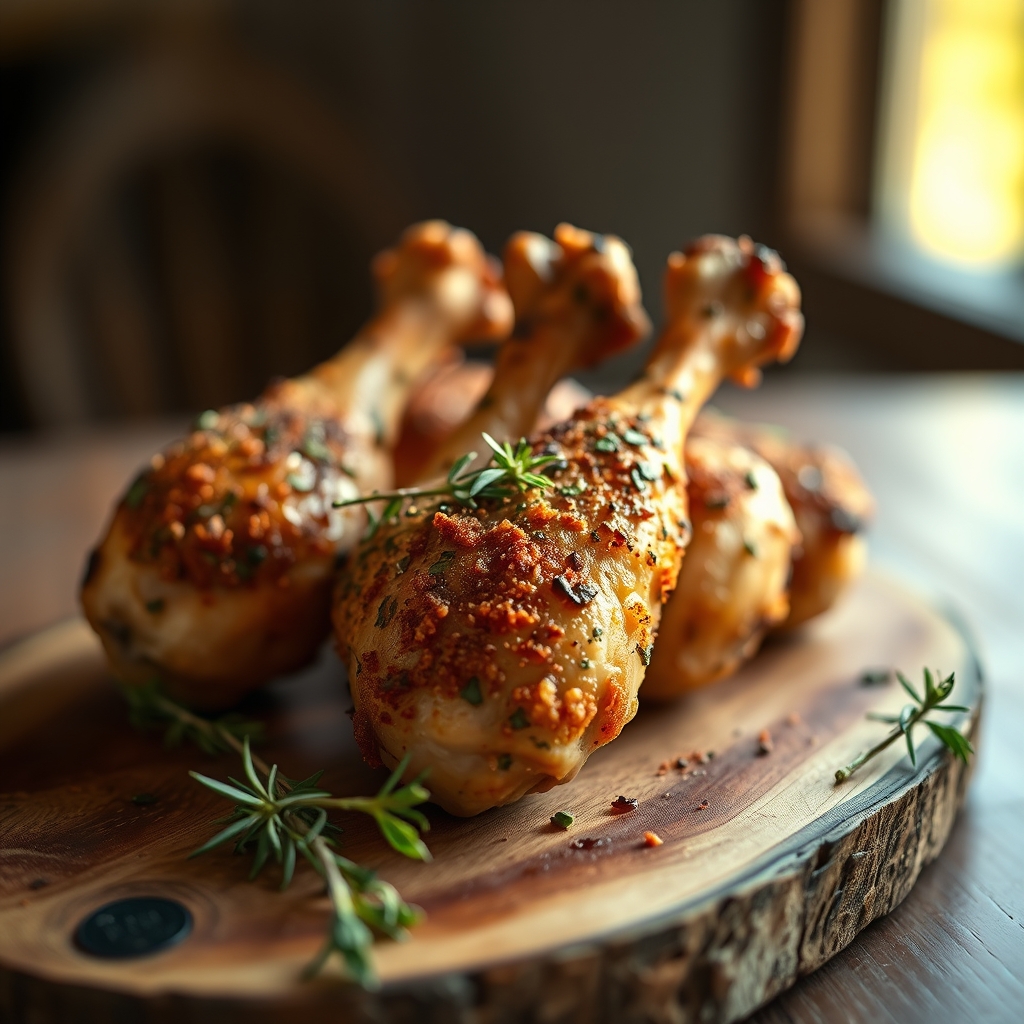 Crispy baked chicken legs served with sides