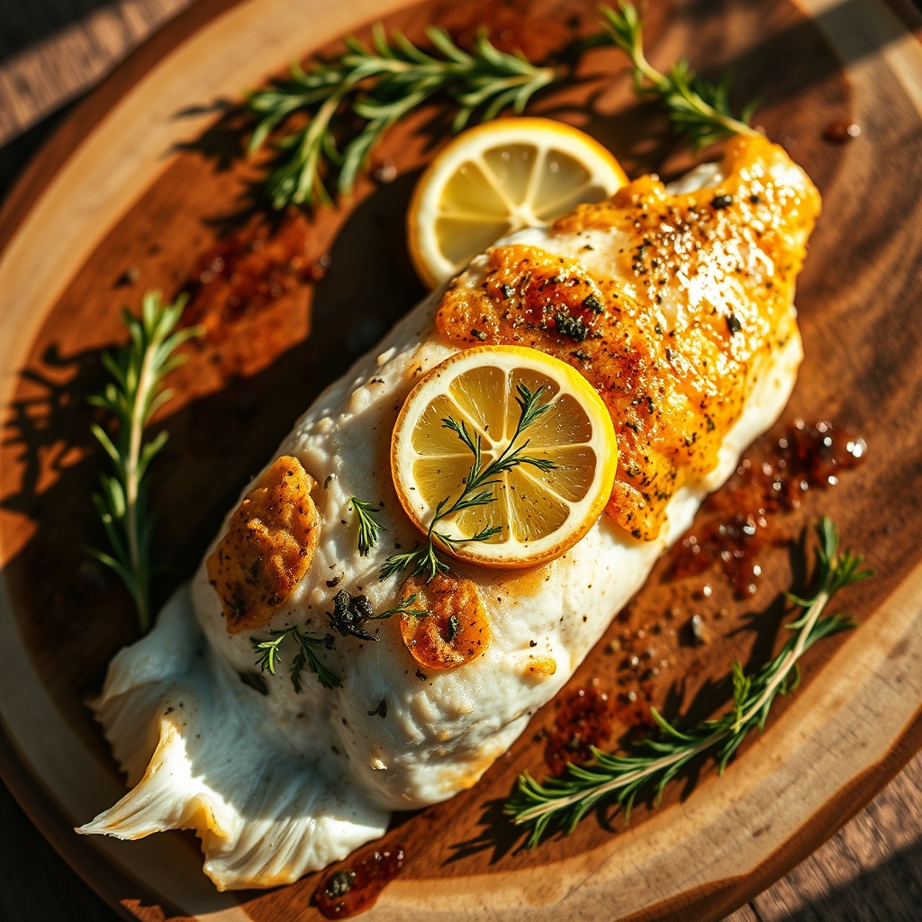 Finished baked halibut dish with lemon slices