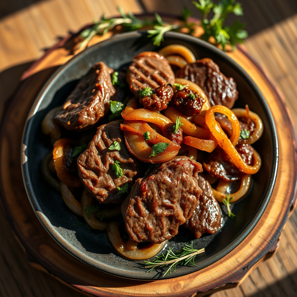 Pan-fried beef liver with onions