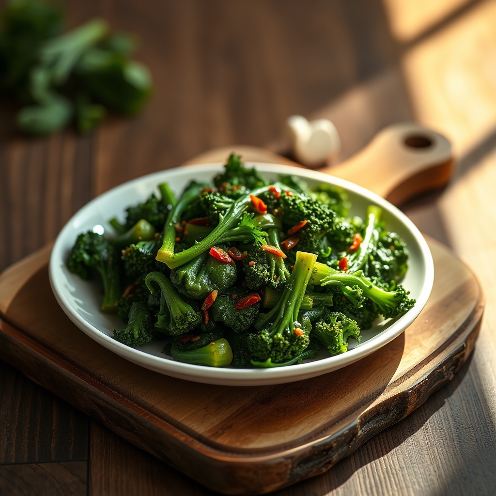 Cooked broccoli rabe in a skillet with garlic