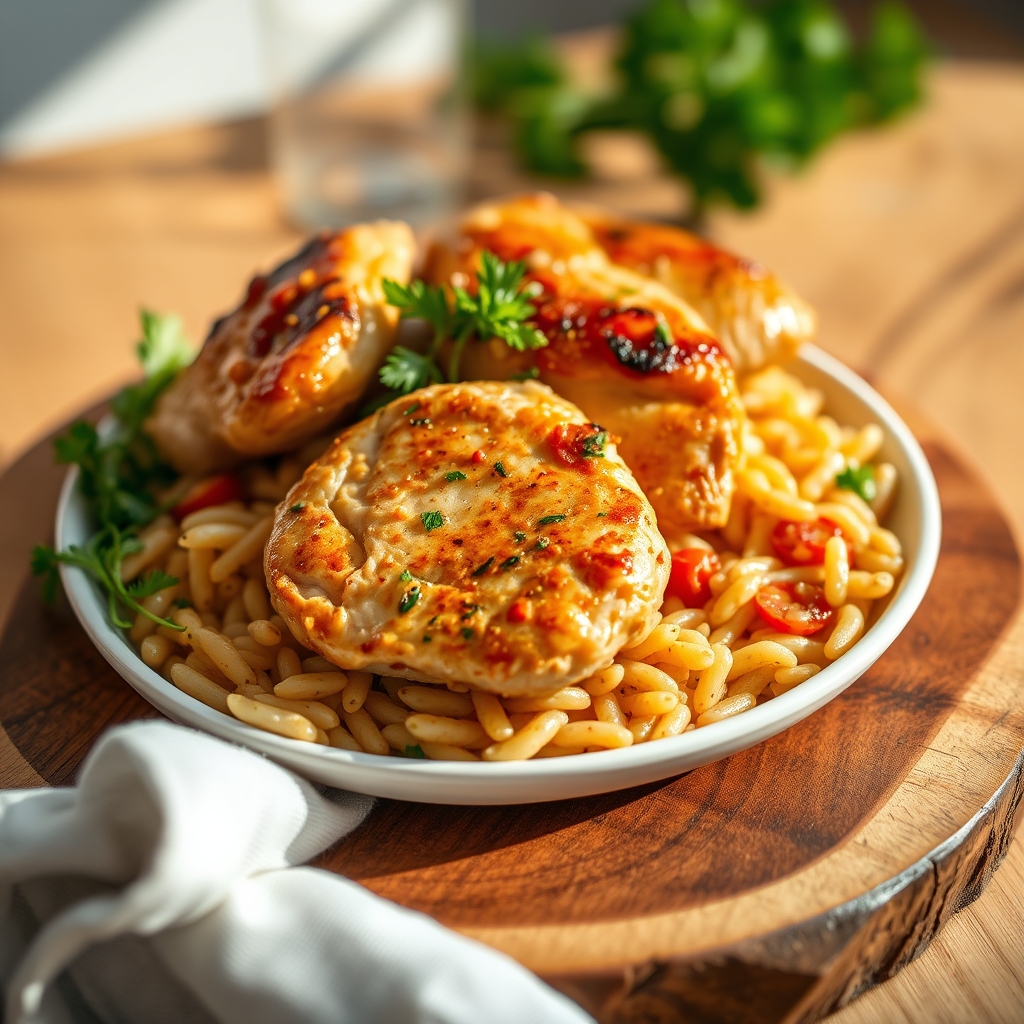 Lemon herb chicken and orzo dish