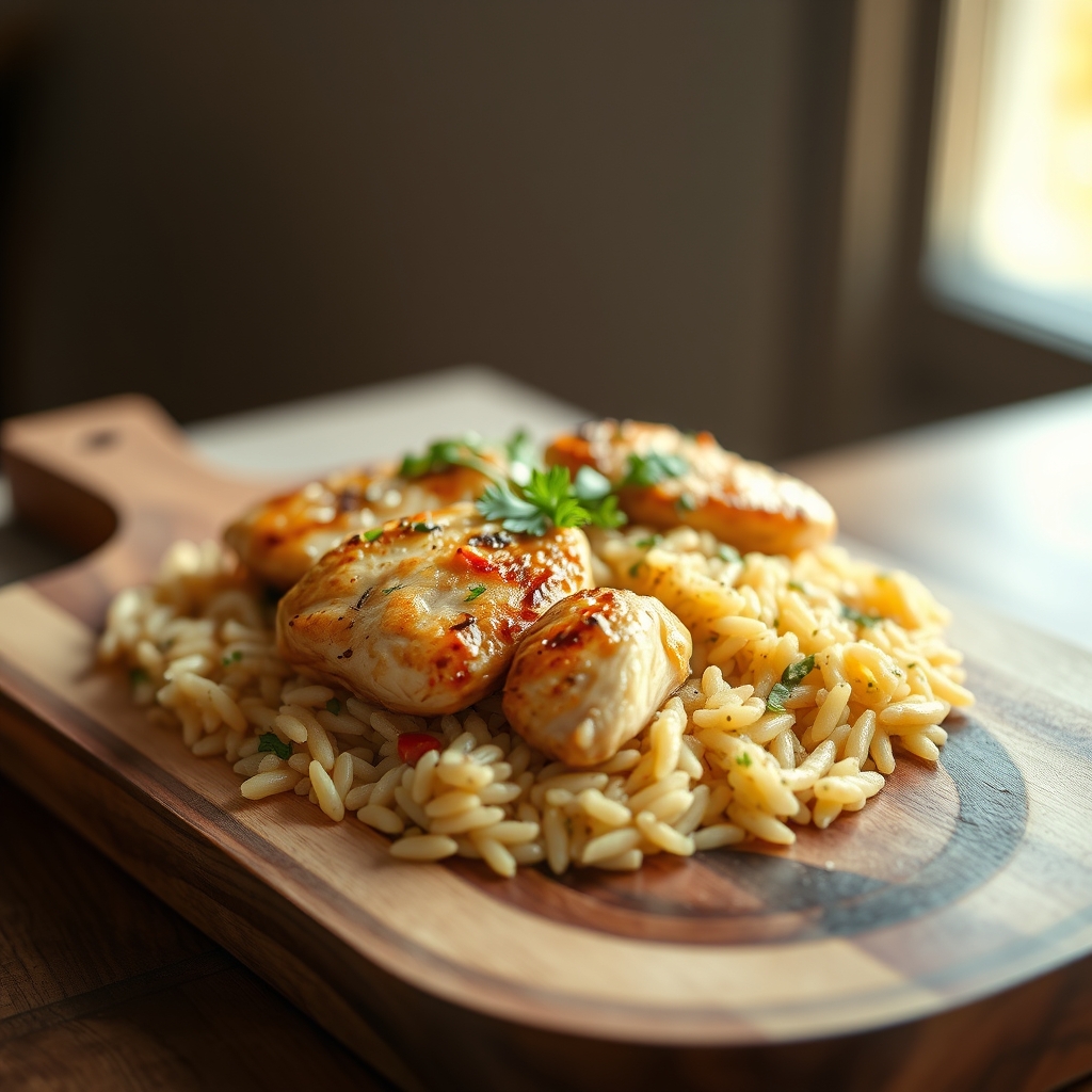 Close-up of cooked chicken and orzo with herbs