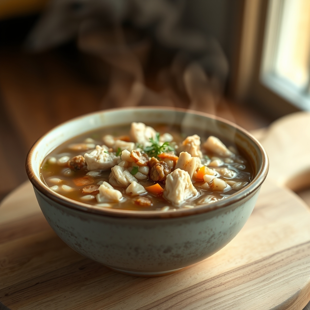 Chopped vegetables and chicken simmering in a pot
