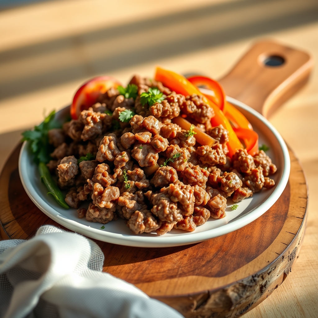 Ground beef cooking in a pan