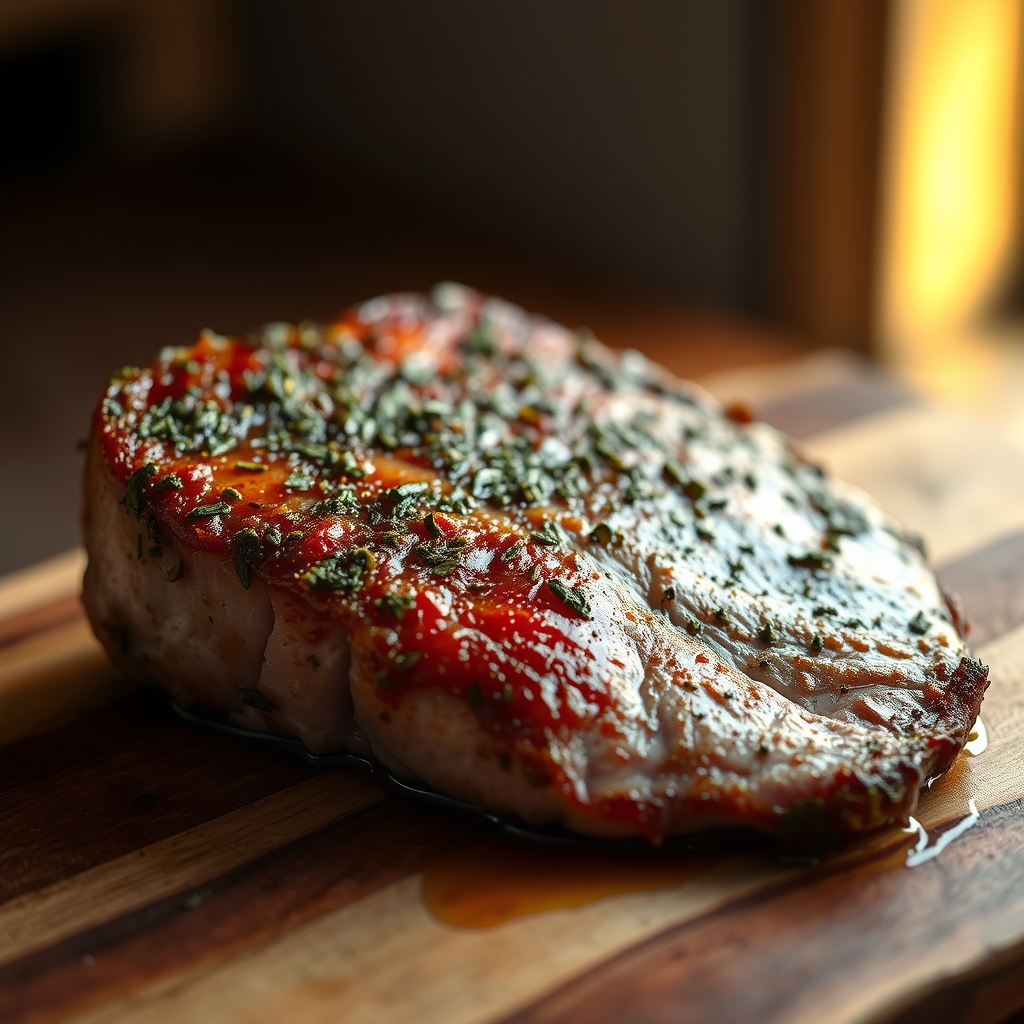 Baked pork steak with pan juices