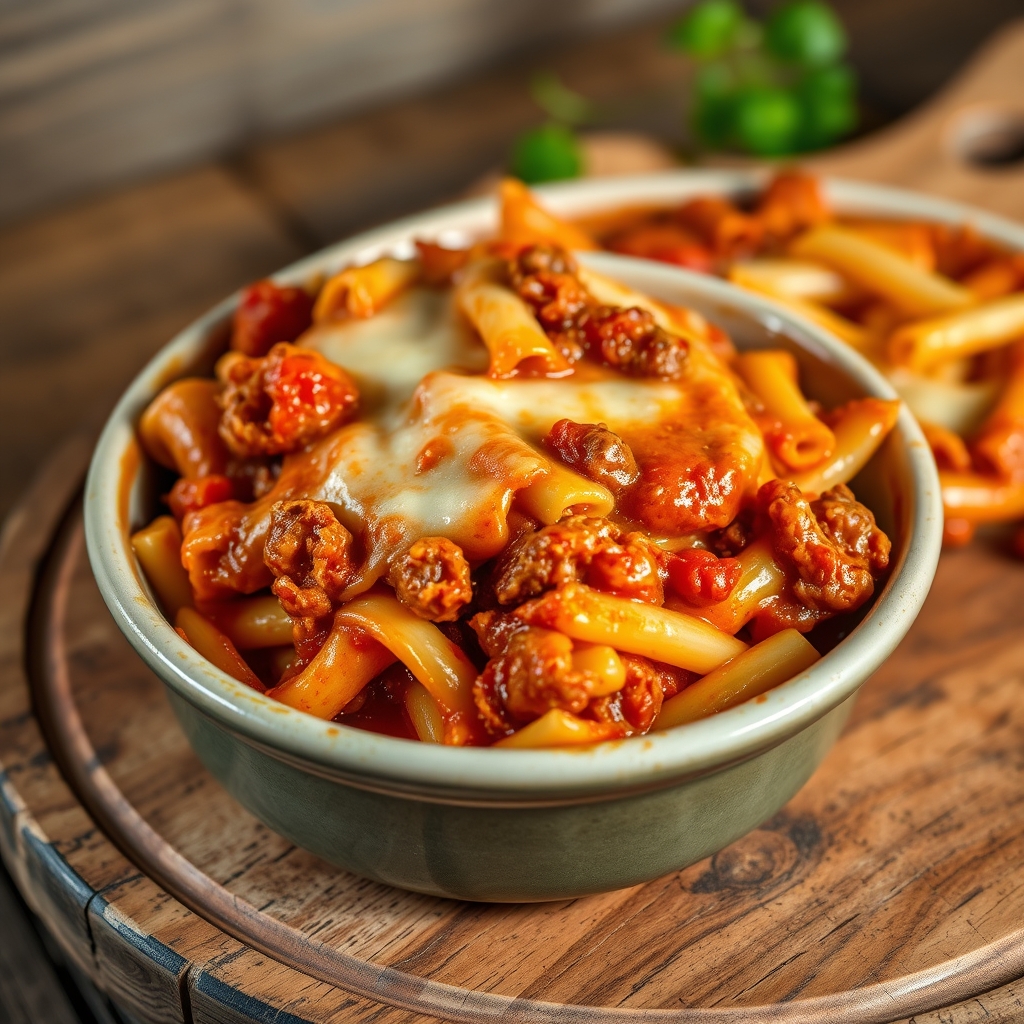 Deliciously cheesy baked ziti with beef