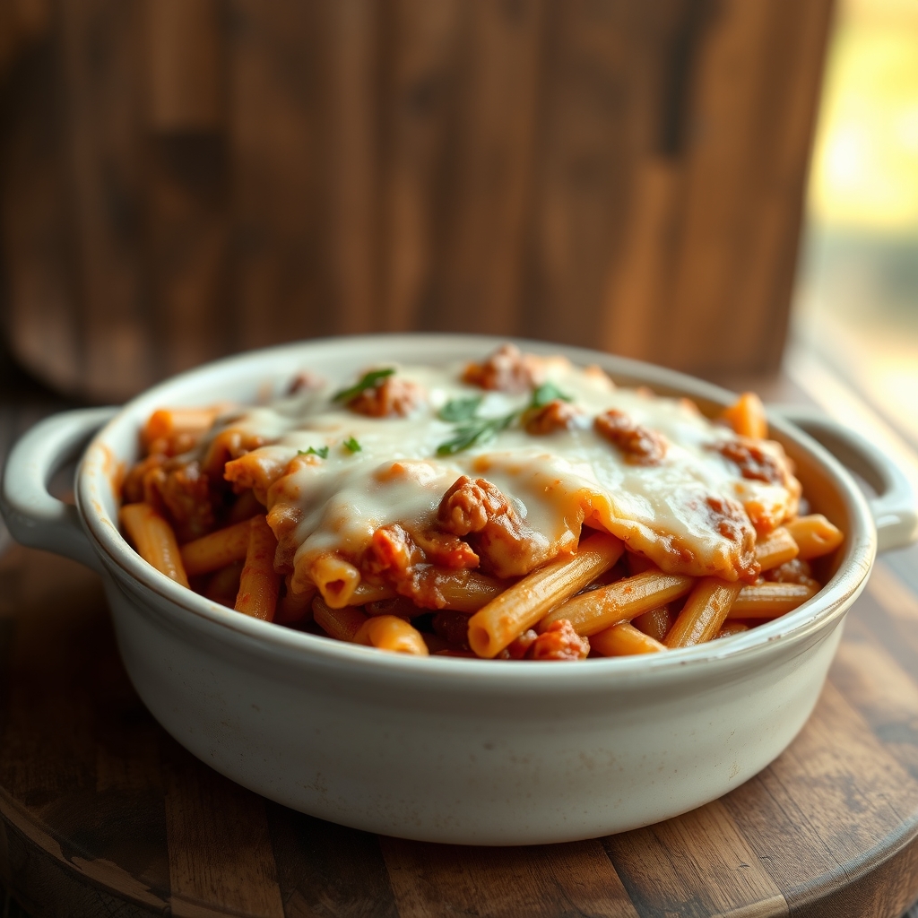 Layering cheese into baked ziti