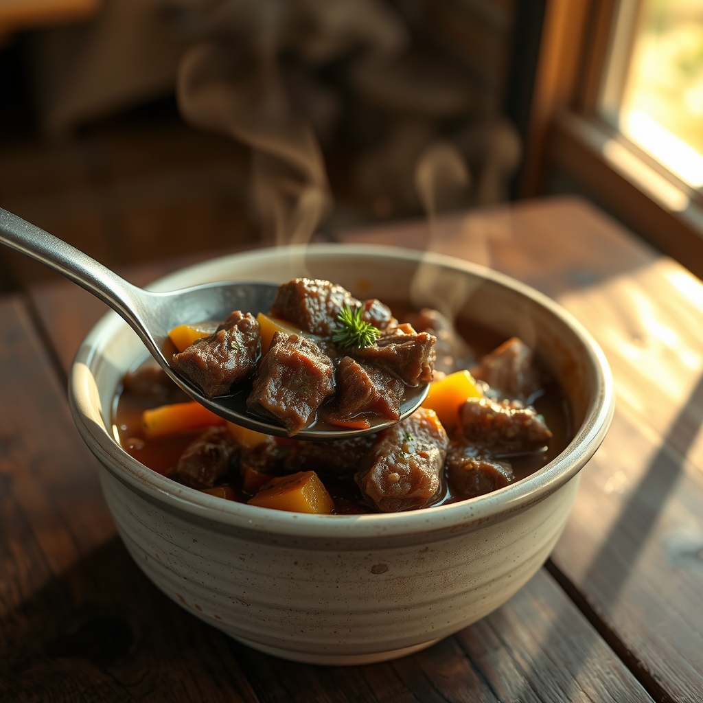 Close-up of tender beef stew with vegetables