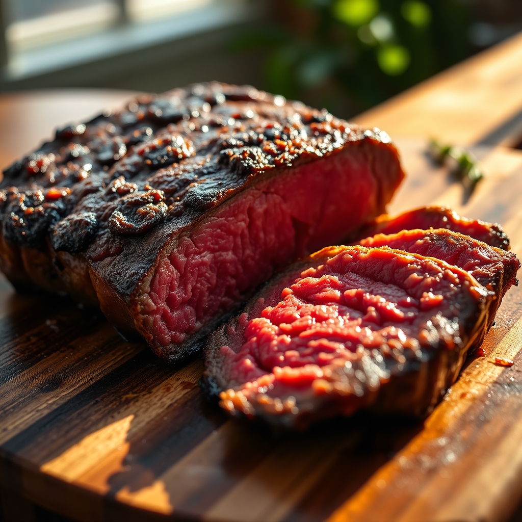 Perfectly seared bavette steak on a cutting board