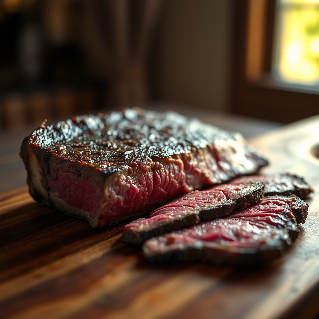 Bavette steak being sliced against the grain