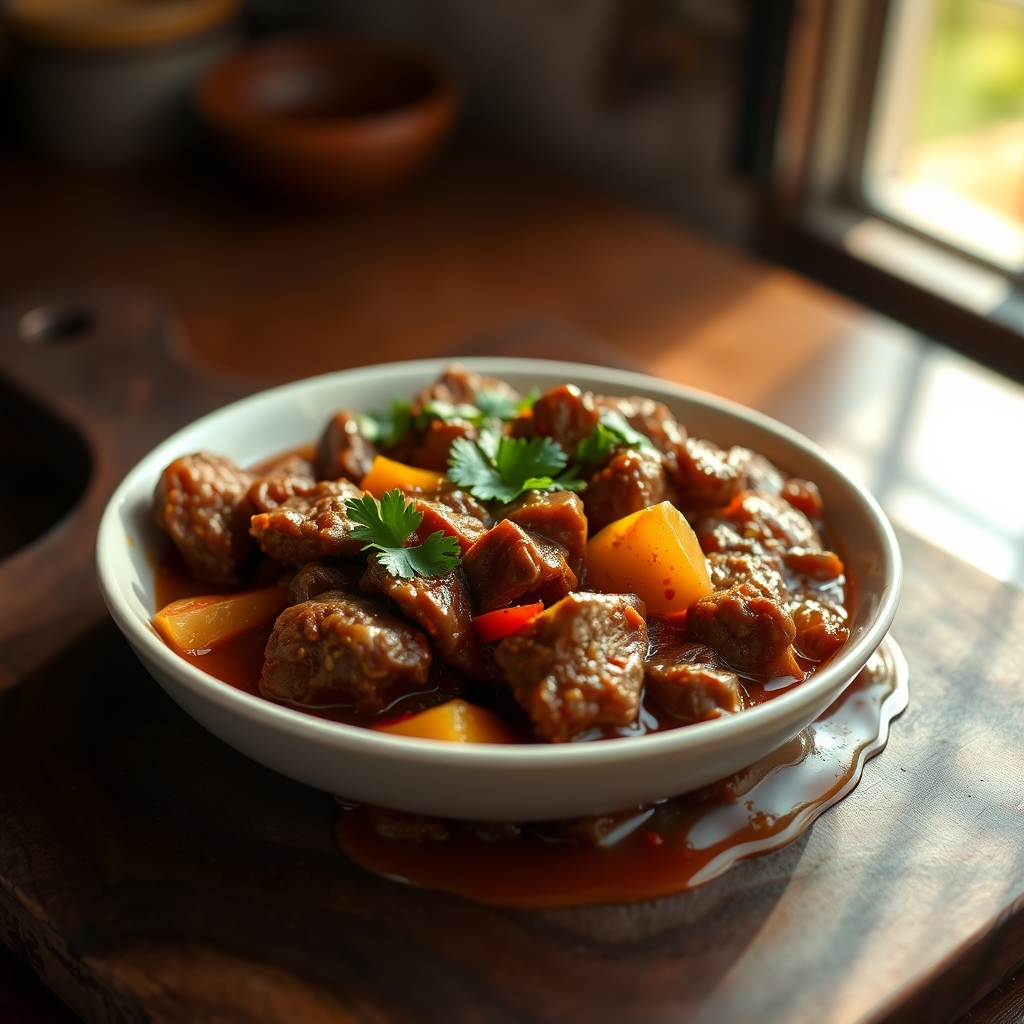 Close-up of Beef Afritada with rice