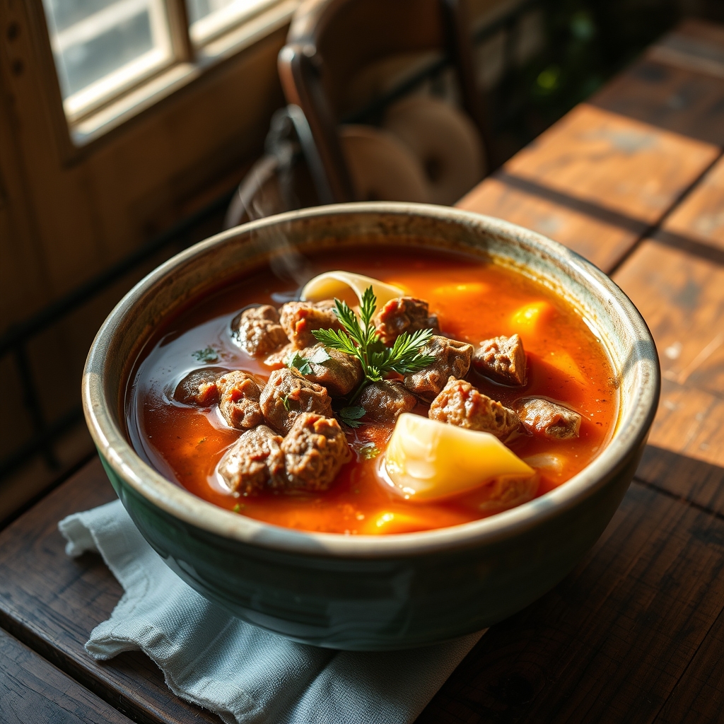 Hearty Beef and Cabbage Soup in a Bowl