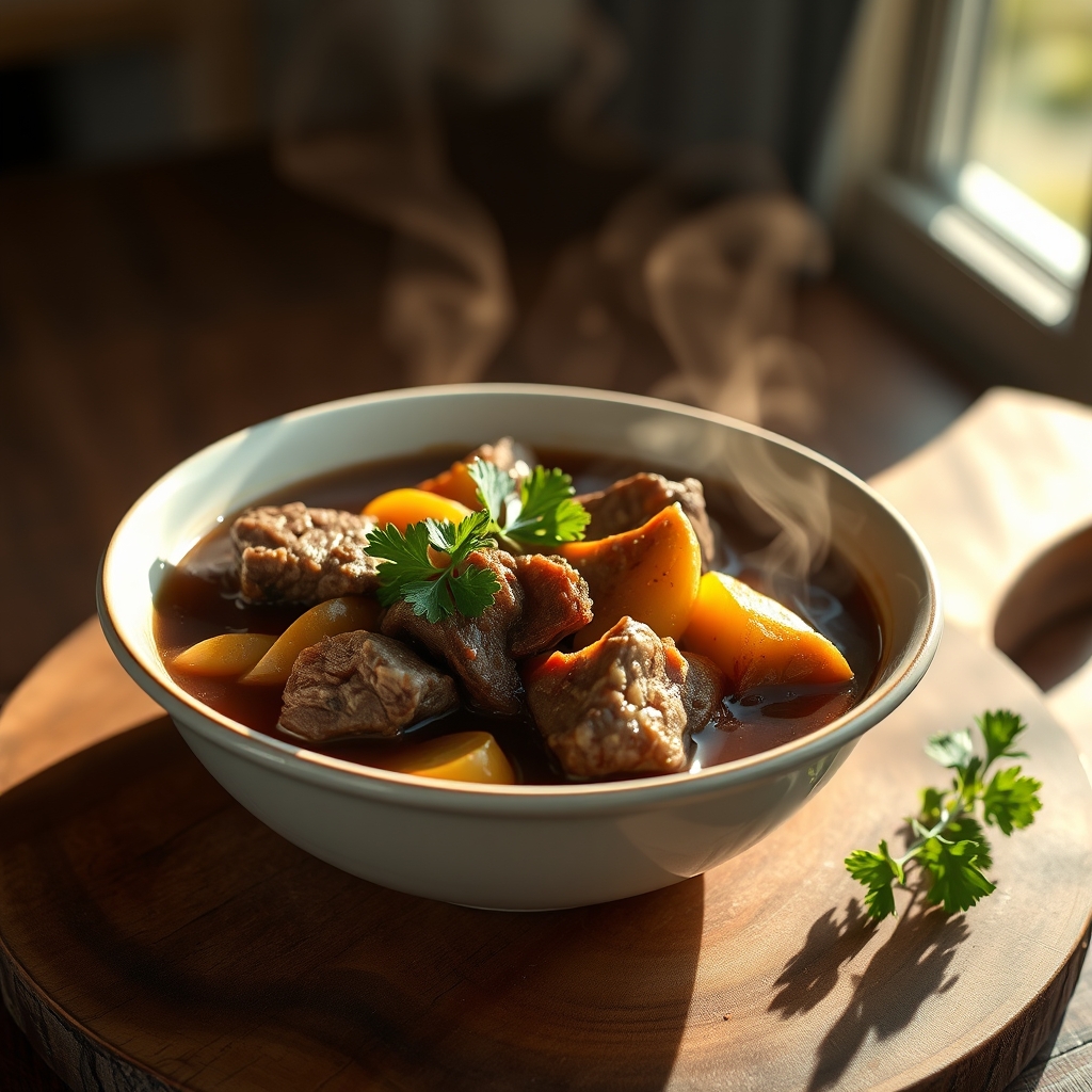 Close-up of beef and Guinness stew in a bowl