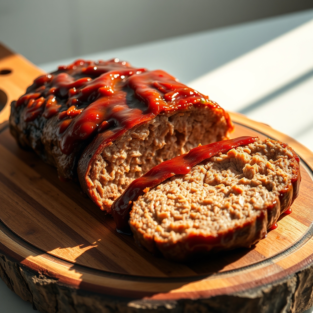 A perfectly baked beef and pork meatloaf, glazed and ready to serve.