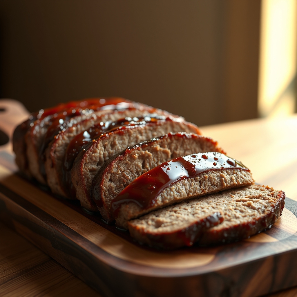 A close-up of a sliced beef and pork meatloaf, showing its moist interior.