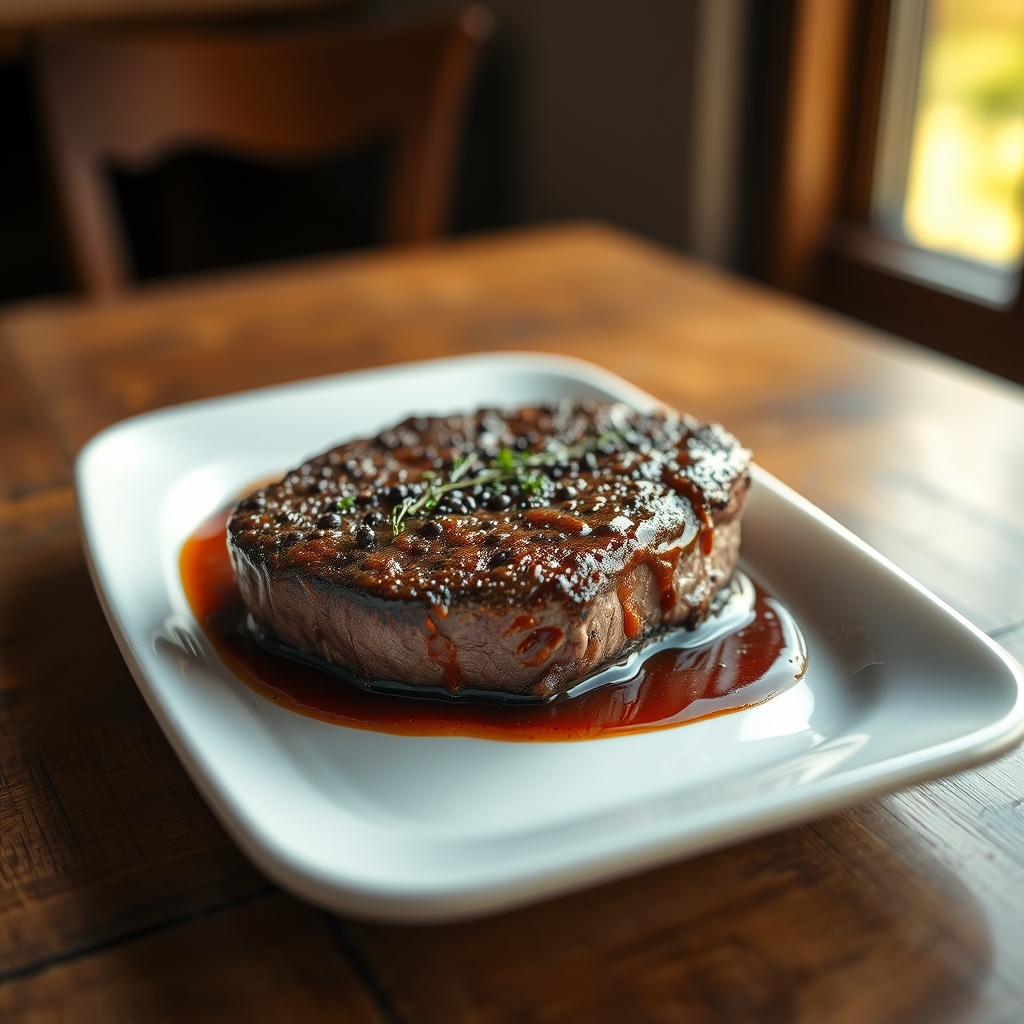 Beef Au Poivre being plated