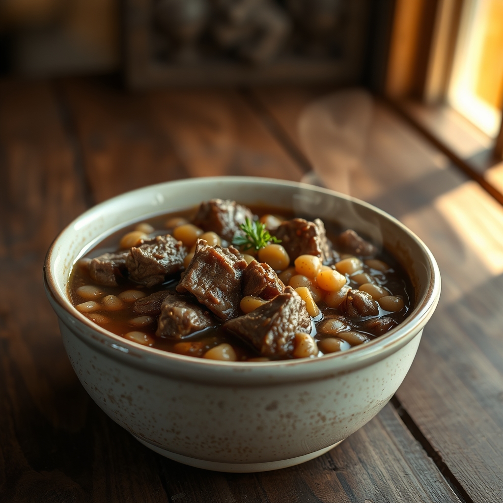 Beef barley stew simmering in a pot