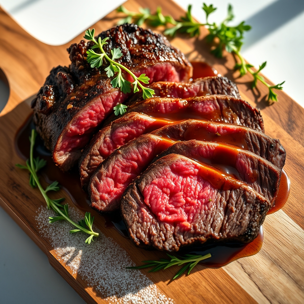 Perfectly cooked beef bavette steak
