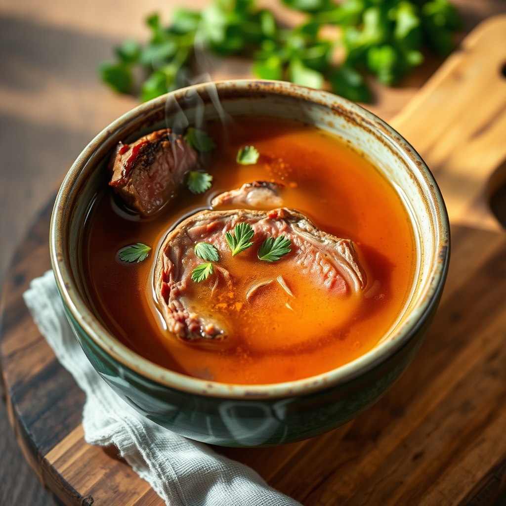 A pot of steaming beef bone broth