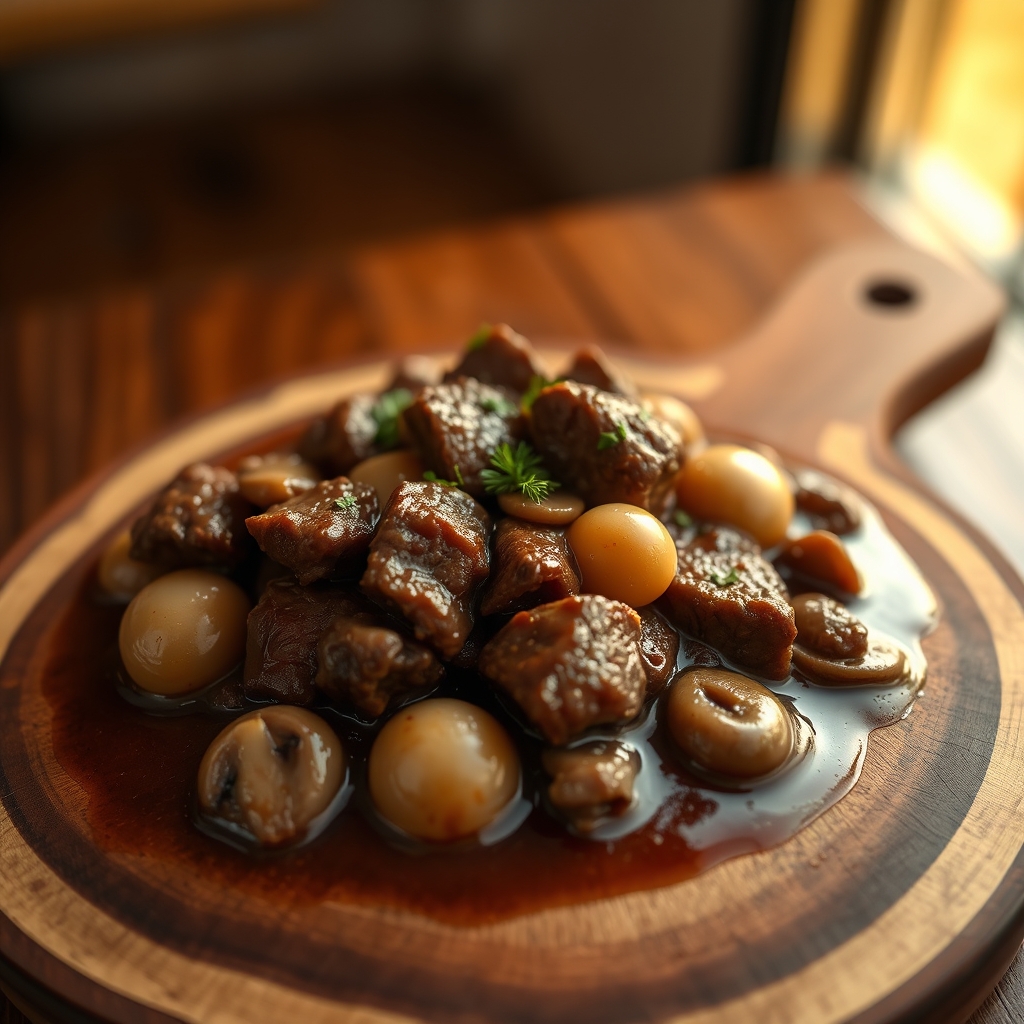 Close up of Beef Bourguignon vegetables