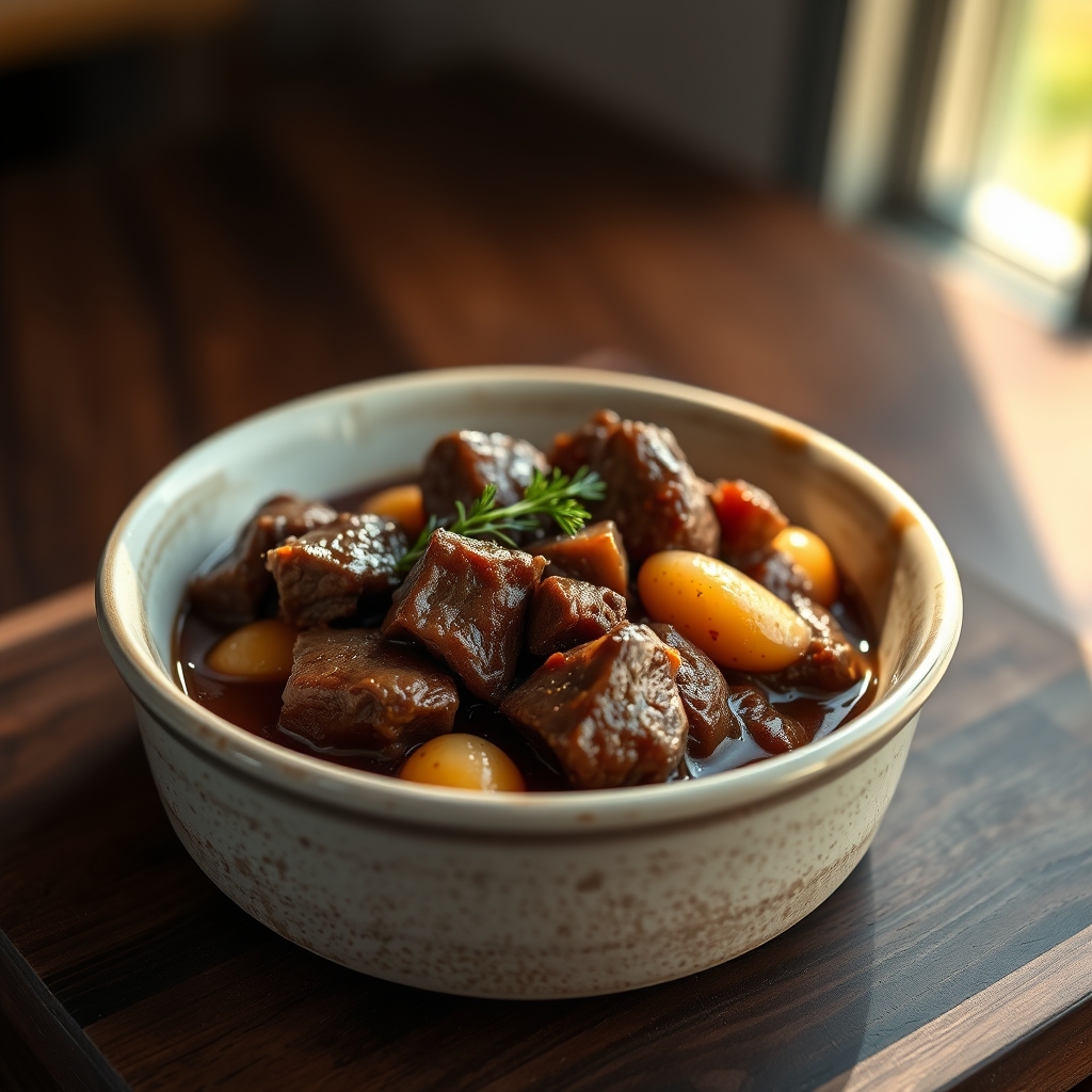 Beef Bourguignon served in a rustic bowl with crusty bread