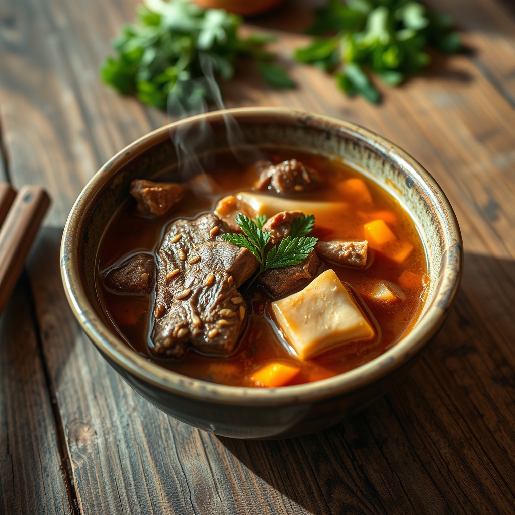 Beef Bulalo in a bowl with steaming broth