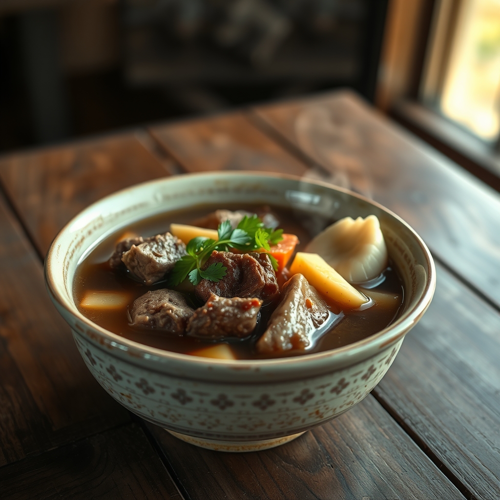 Close-up of beef shank and corn in bulalo soup