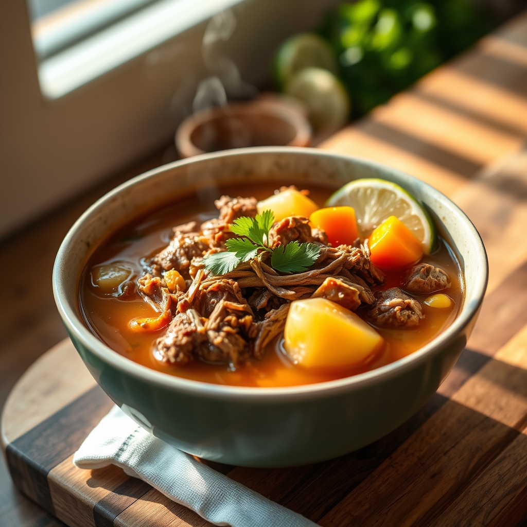 Beef Caldo in a bowl with vegetables