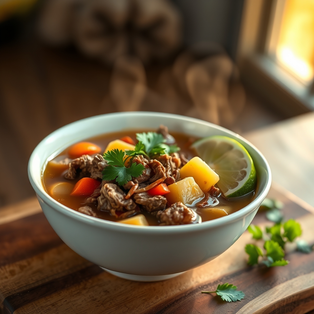 Close-up of beef caldo with vegetables and meat