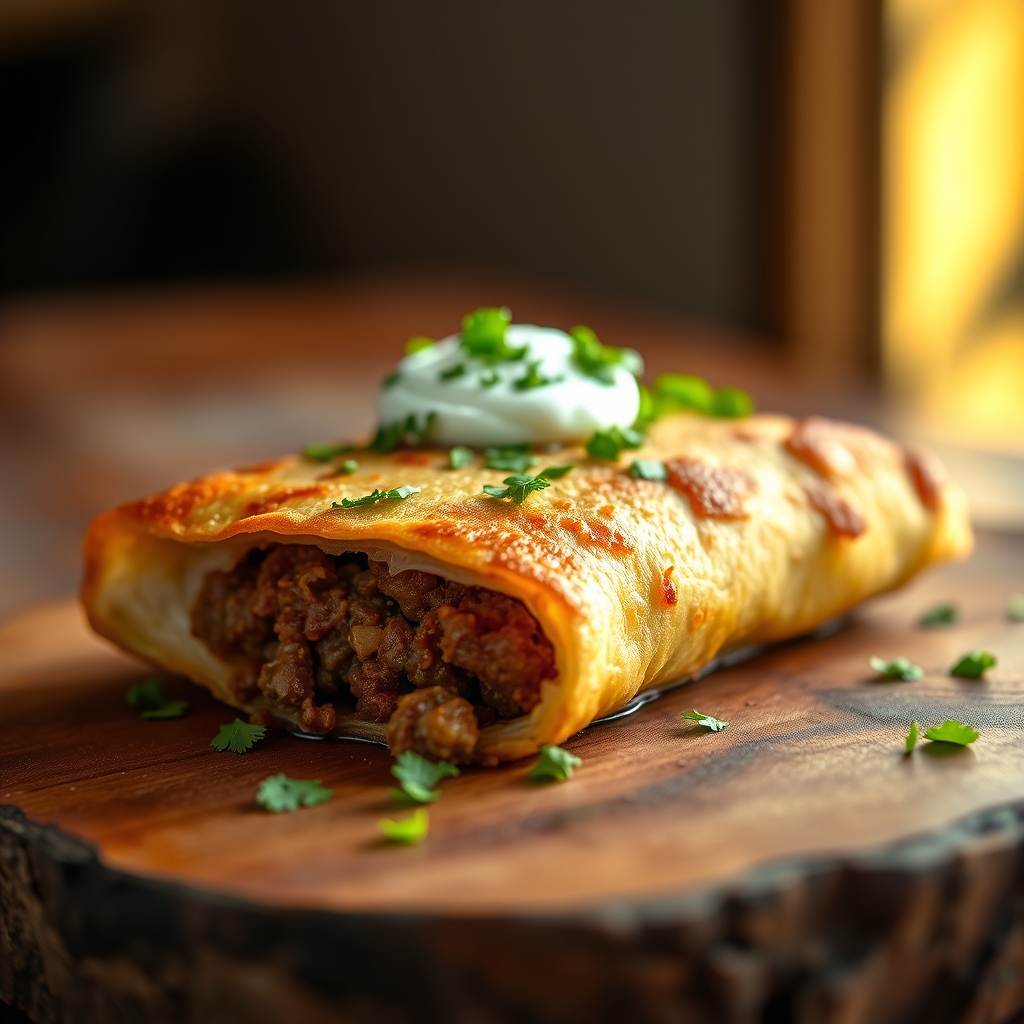 Plateful of perfectly fried beef chimichangas with toppings