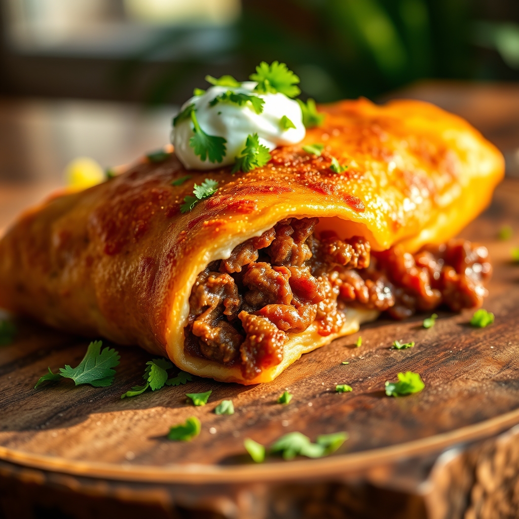 Golden brown beef chimichangas on a platter