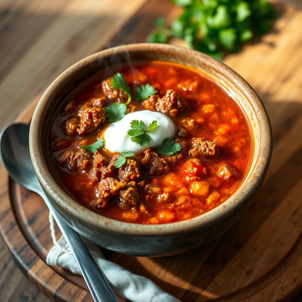 Hearty beef chuck chili in a pot