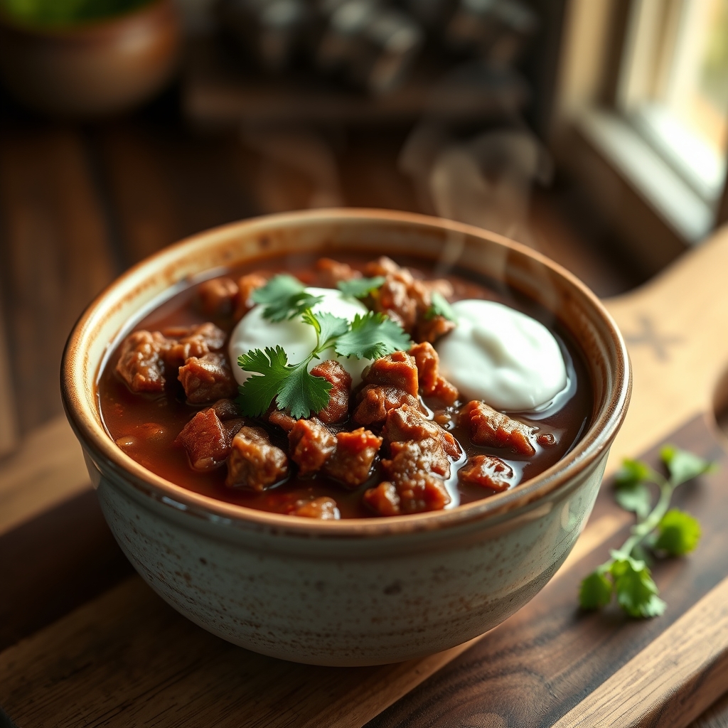 Close-up of beef chuck chili with toppings