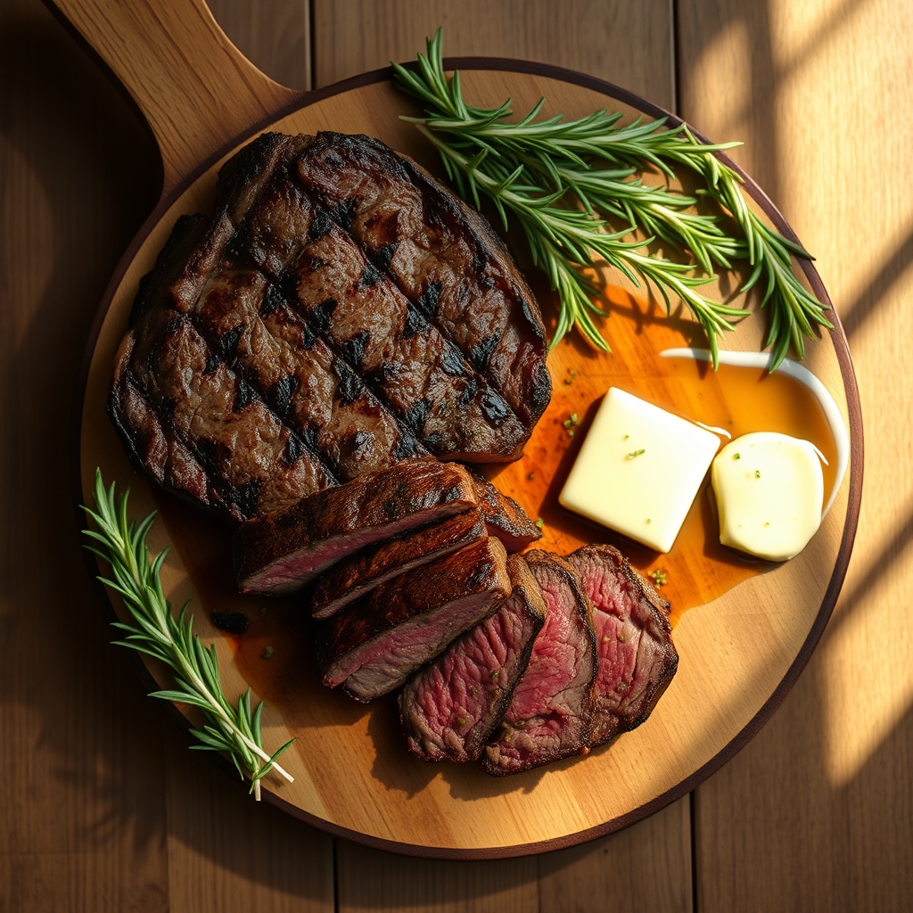 Sizzling beef chuck tender steak in a cast iron skillet with butter and herbs