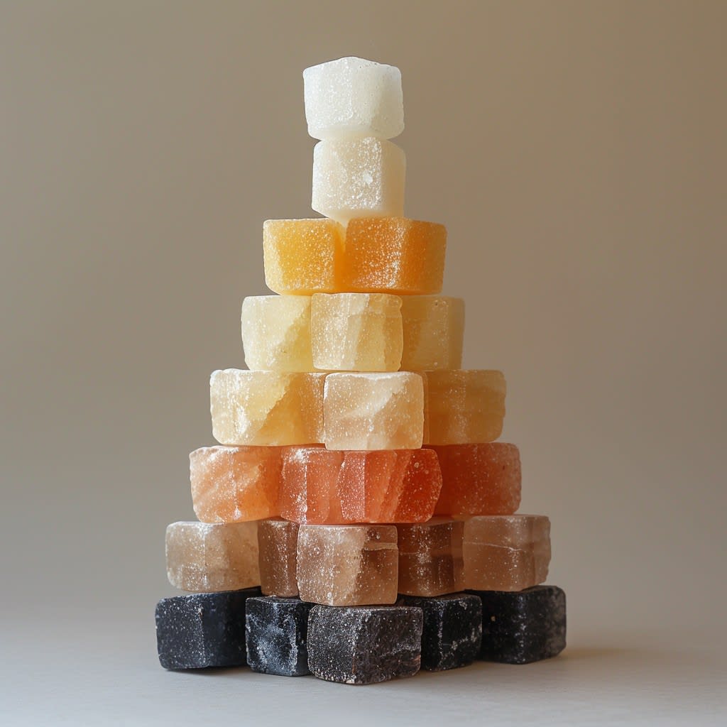 Various types of sugar showing different sweetness levels