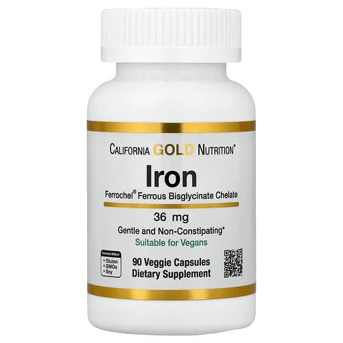 California Gold California Gold Nutrition Ferrochel® アイアン（ビスグリシネート）36 mg ベジカプセル90粒 パッケージ画像