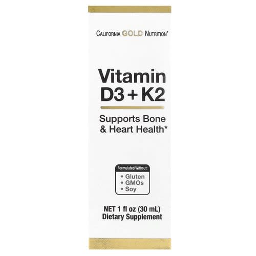 California Gold California Gold Nutrition ビタミンD3 + K2 as MK4、25mcg(1,000IU)、1fl oz(30ml) パッケージ画像