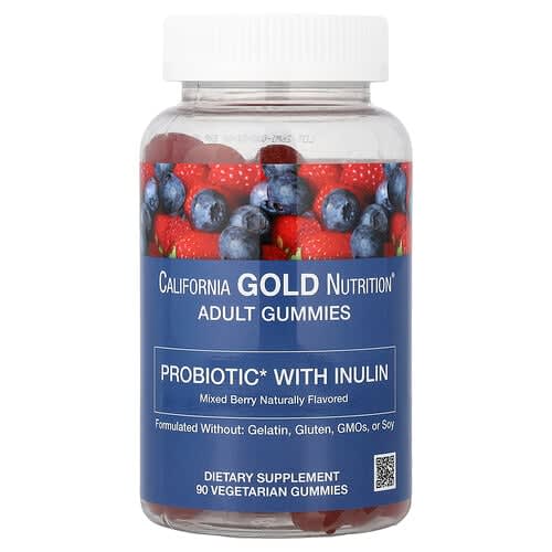 California Gold California Gold Nutrition プロバイオティクス イヌリン グミ ビタミンC、葉酸配合 ベリーエキスブレンド オーガニックイヌリン ナチュラルミックスベリー味 ベジタリアングミ90粒 パッケージ画像