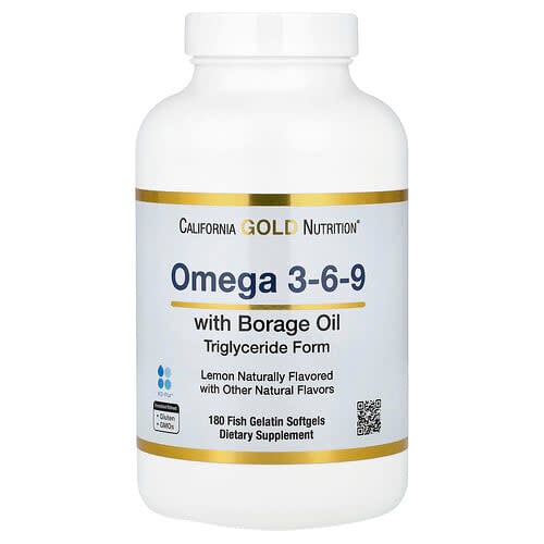 California Gold California Gold Nutrition オメガ 3-6-9s フィッシュオイル&ボラージシードオイル EPA DHA GLA リノール酸配合 ナチュラルレモン味 フィッシュゼラチンソフトジェル180粒 パッケージ画像